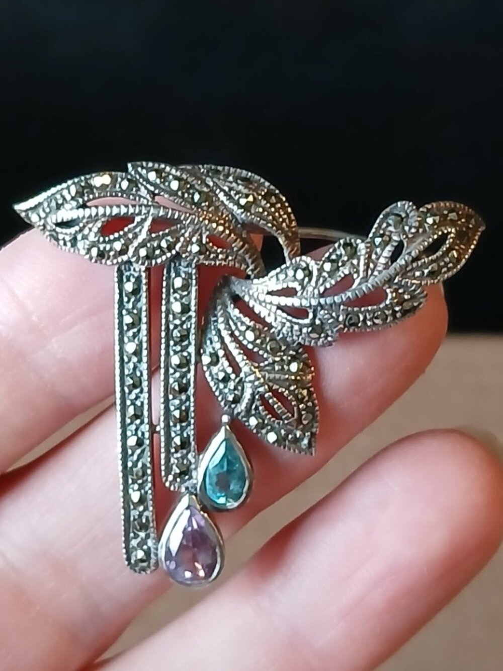 Vintage Marcasite, Sterling 925, Brooch with a Amethyst and Blue Stone